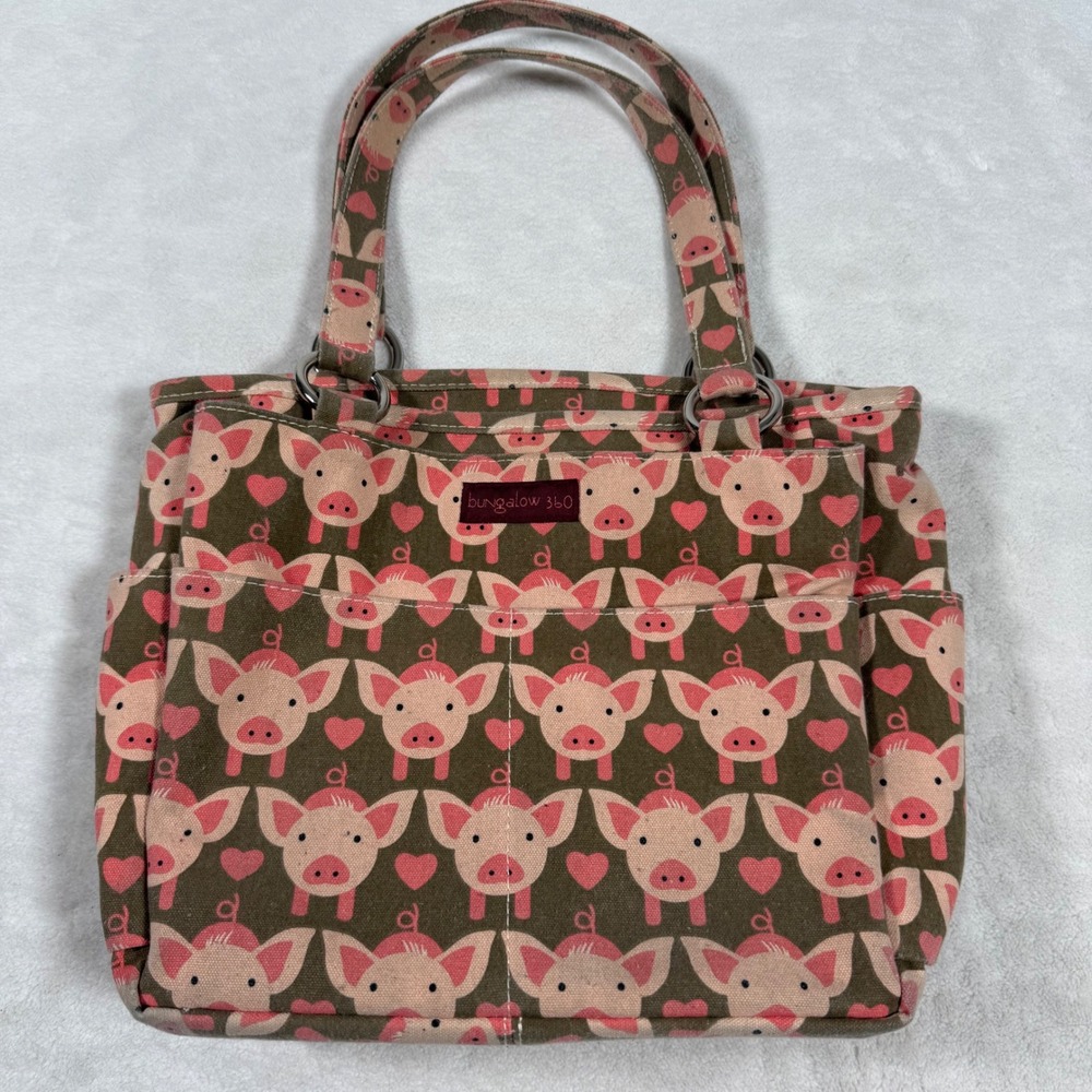Bungalow 360 Canvas Tote Bag Pig Hearts Pattern Green Pink Top Handle